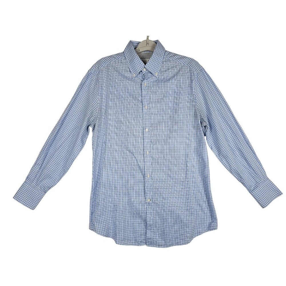 Brunello Cucinelli Basic Fit Shirt Size M Cotton White Blue  Plaid LS Altered